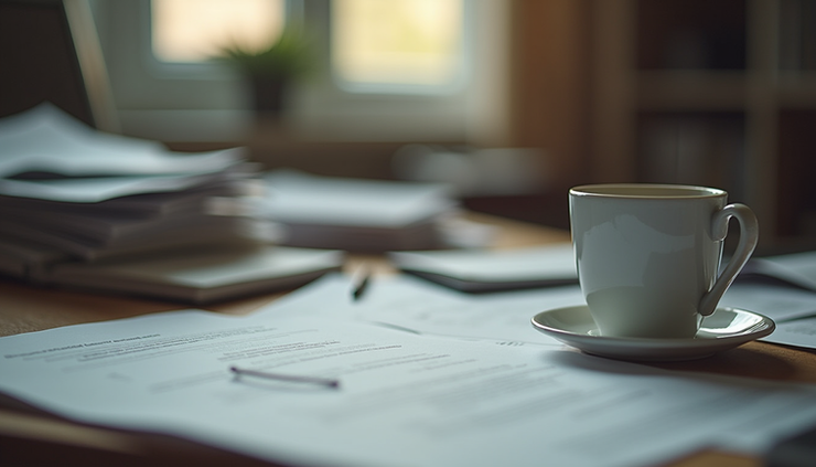 Eye-level view of a cluttered desk with a half-finished coffee cup and scattered papers