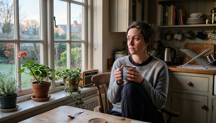 Eye-level view of a woman sitting quietly by a kitchen window