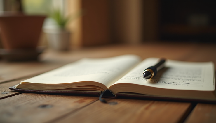 Close-up view of a journal and pen on a wooden table, symbolizing self-reflection and rediscovery