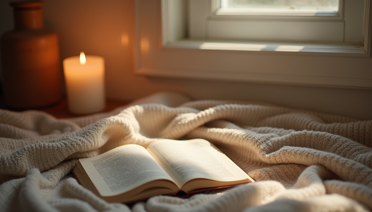 Eye-level view of a cozy corner with a journal, candle, and warm blanket