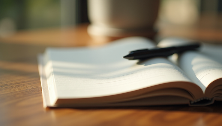 Close-up view of a journal and pen on a wooden table with soft natural light