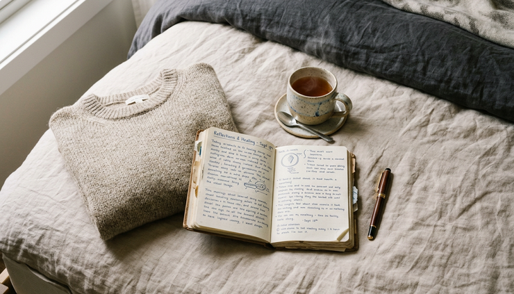 Overhead view of a journal, tea, and a soft sweater on a bed