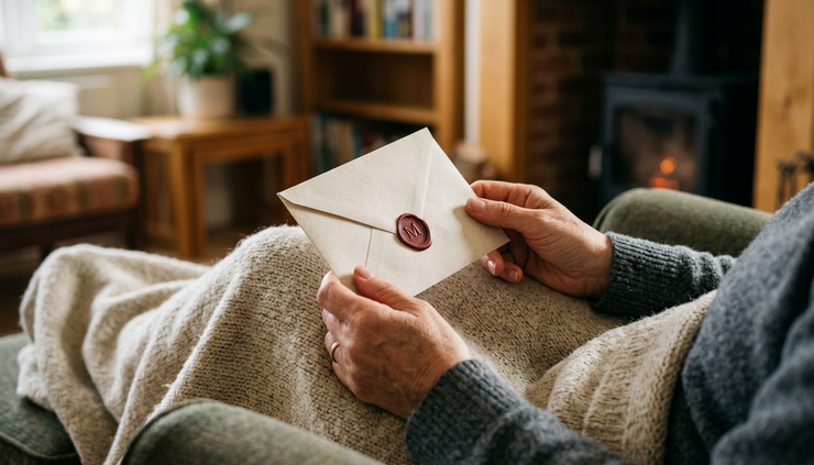 Close-up view of a woman’s hands holding an unopened letter on a blanket