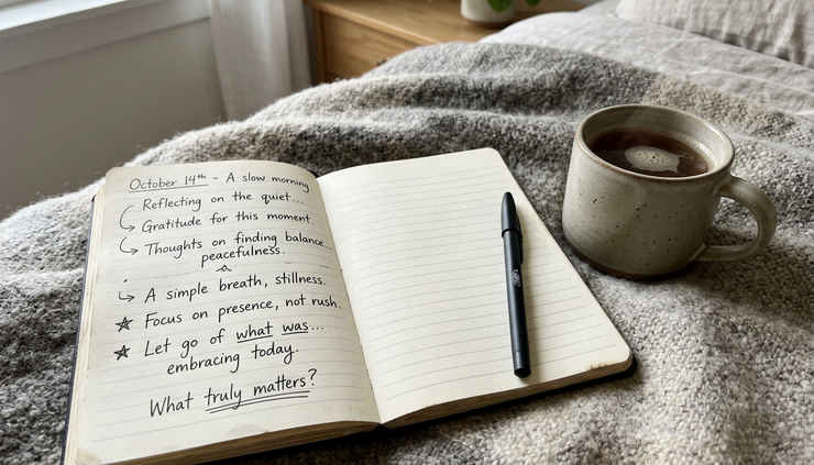 Overhead view of a notebook beside a warm drink and a single pen on a blanket.