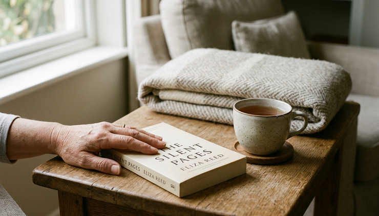 Close-up of a hand resting beside an unread book and a cup of tea