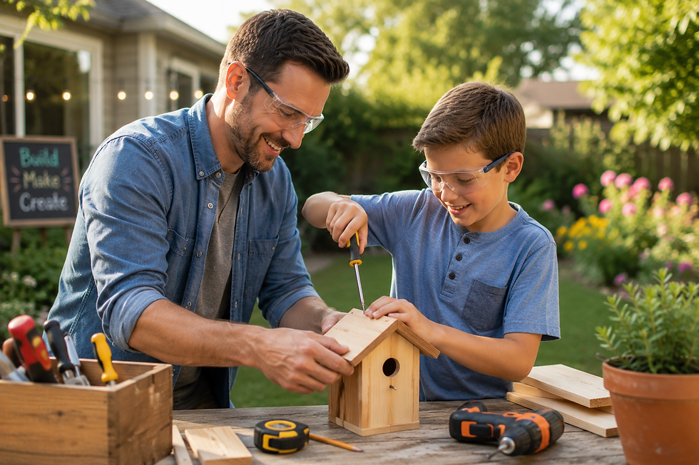 Man and boy in safety glasses build a wooden birdhouse outdoors; tools on table, chalkboard reads Build Make Create.