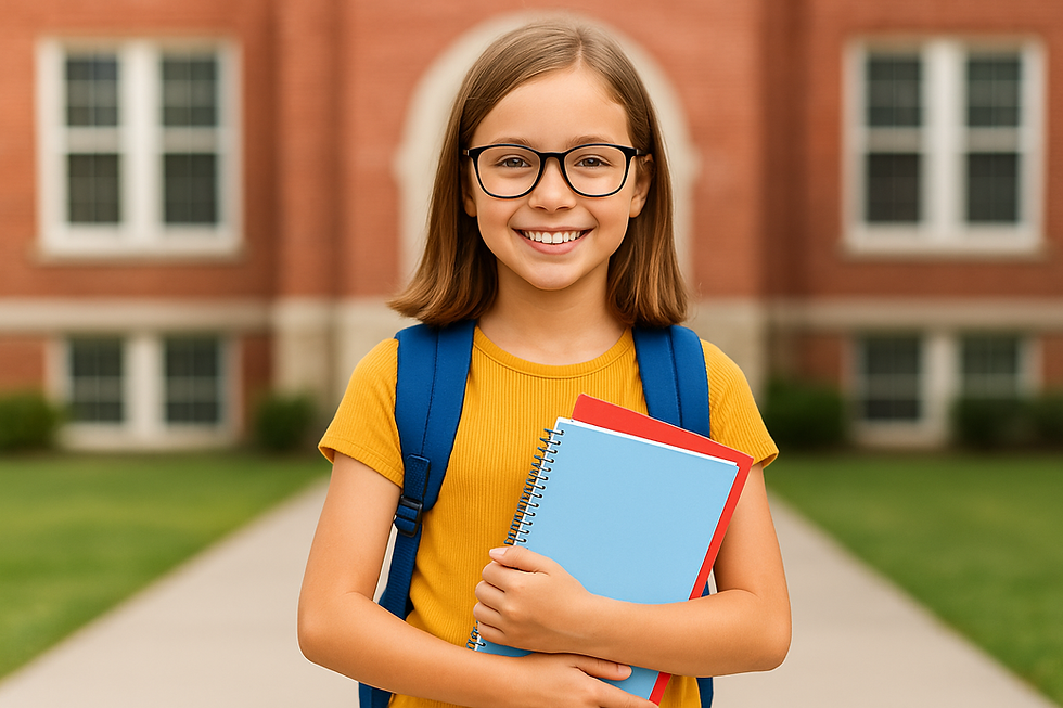 Smiling school-aged girl with light brown hair and black-framed glasses standing in front of a red brick school building, wearing a mustard-yellow shirt and blue backpack, holding colorful notebooks.