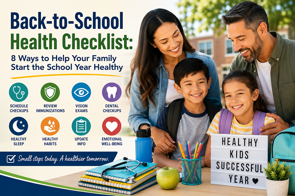 Family smiles by school supplies beside poster reading Back-to-School Health Checklist and Healthy Kids Successful Year