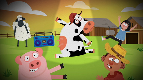 a cartoon illustration of a cow jumping in the air