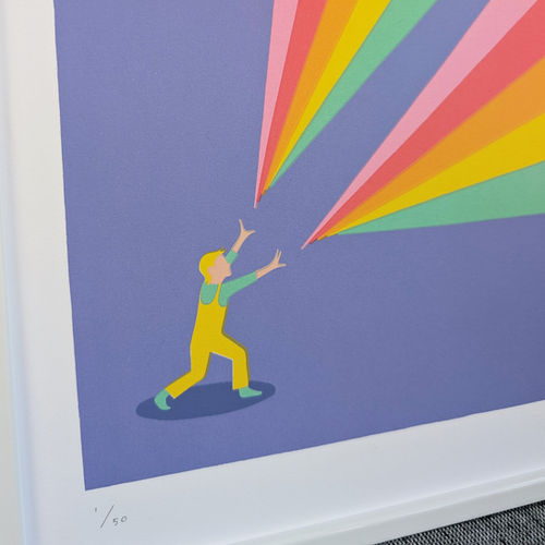 Screen print of boy with rainbows appearing from his hands
