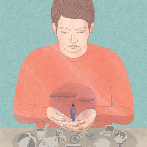 An illustration of a man looking at all his belongings