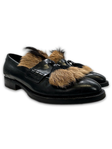 AW17 Prada Goat Fur Tassel Patent Leather Loafers | ArchiveThreads