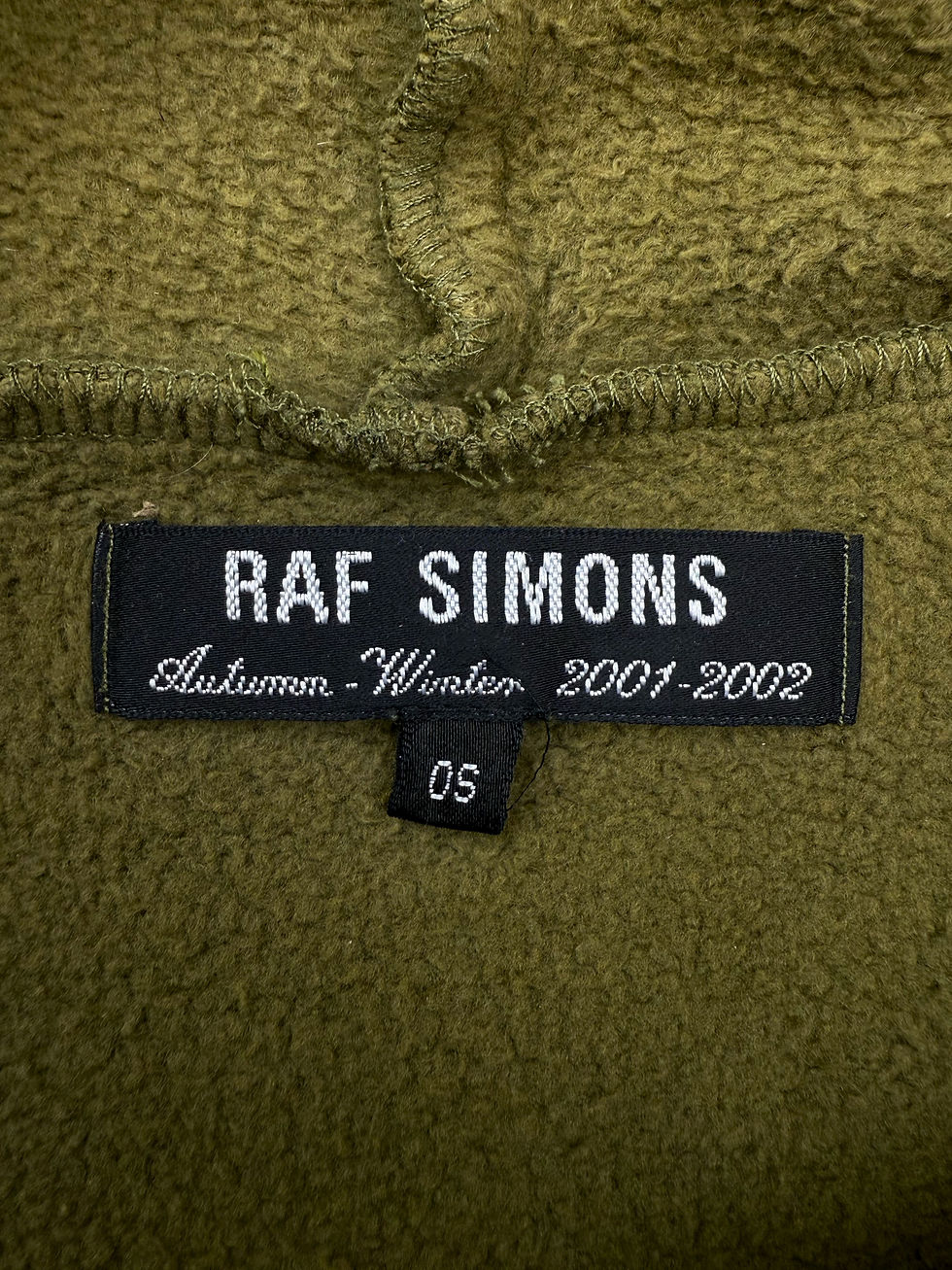 Thumbnail:  AW01 Raf Simons Riot Riot Riot ‘New York’ Olive OS Hoodie