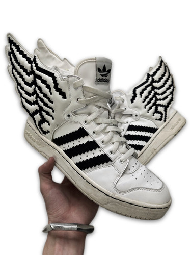 adidas gazelle silver green womens ADIDAS x JEREMY SCOTT Size 9.5 JS Wings 2.0 Pixel White Black Leather High  Top Sneakers  Sui Generis Designer Consignment