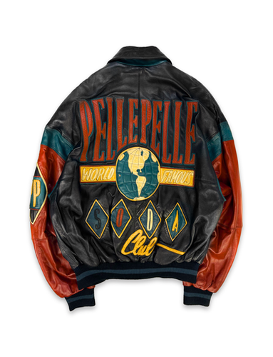 90s Pelle Pelle 'Soda Club' Patched Globe Leather Jacket