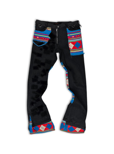 SS03 Undercover 'Scab' Patched Giz Tribal Flared Black Denim