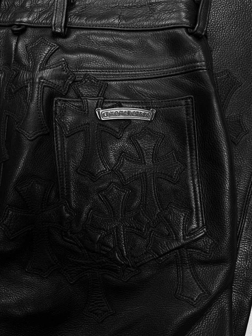 Thumbnail: Chrome Hearts 34 Cross Patch Black Leather Fleur Knee Pants