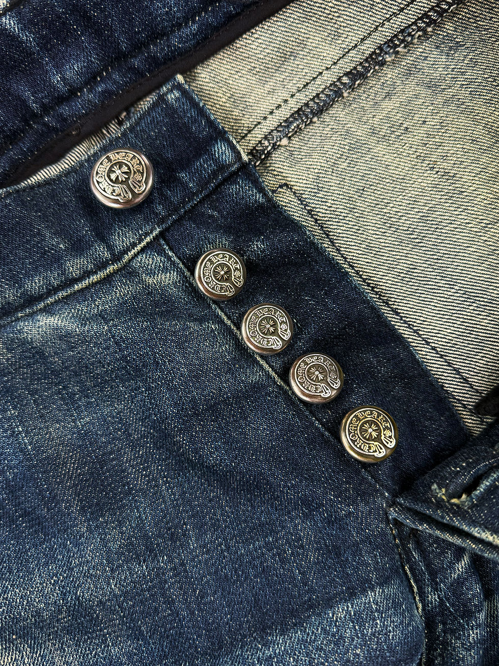 Thumbnail: Chrome Hearts Flared Leg Blue Light Wash Fleur Knee .925 Silver Jeans