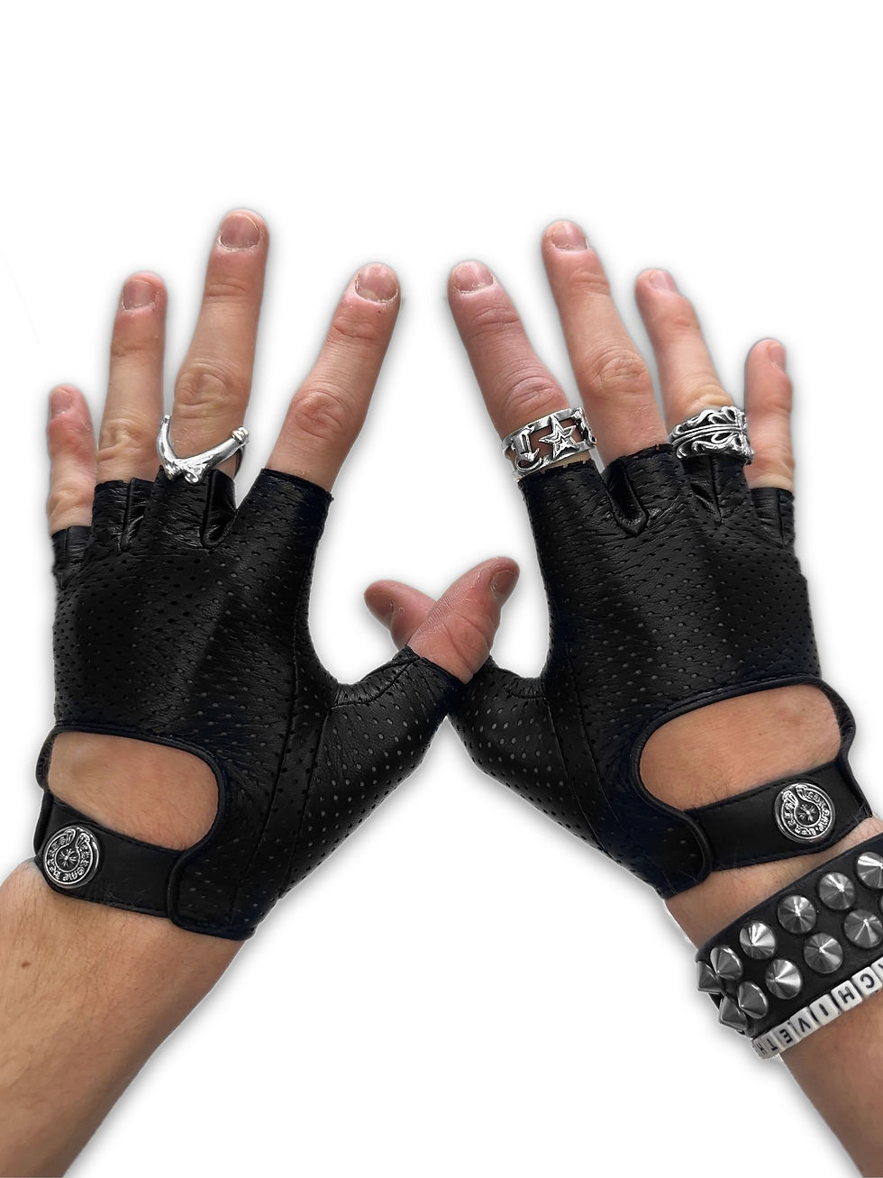 Thumbnail:  00s Chrome Hearts ‘Fingerless’ .925 Silver Leather Perforated Gloves