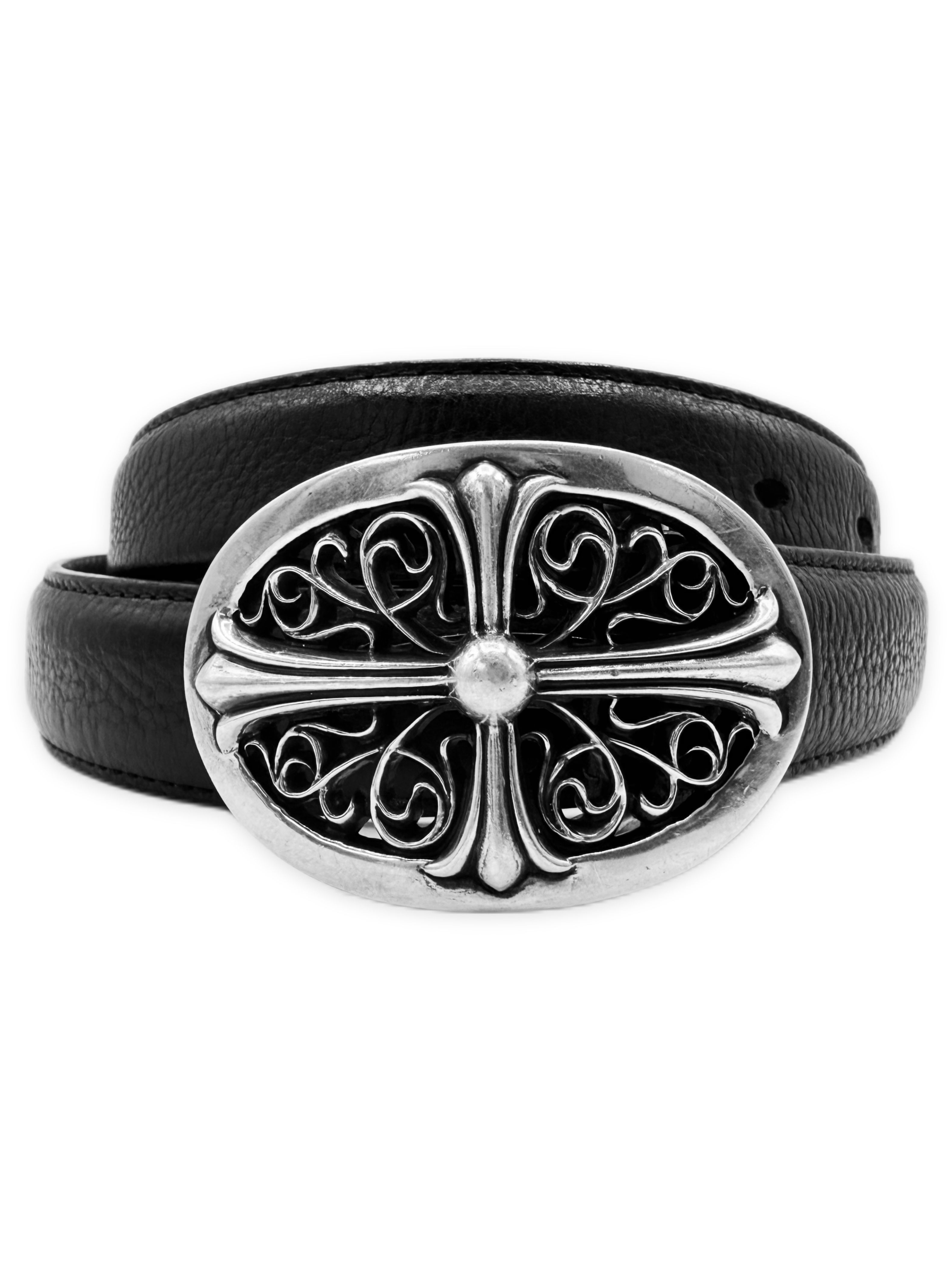 Chrome Hearts 1 in Oval Buckle + Black Leather .925 Silver Belt Strap Set