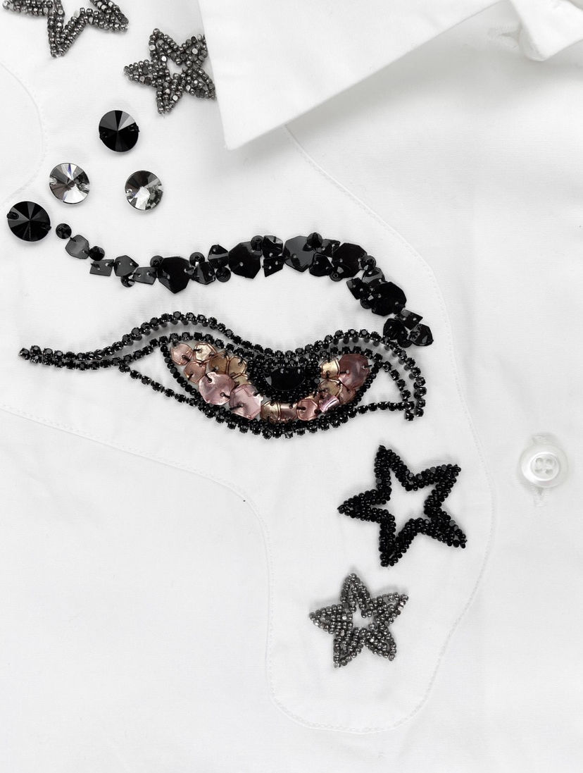 Thumbnail: SS15 Miu Miu 3D Beaded Eyes Dagger Collar Patched Button Up