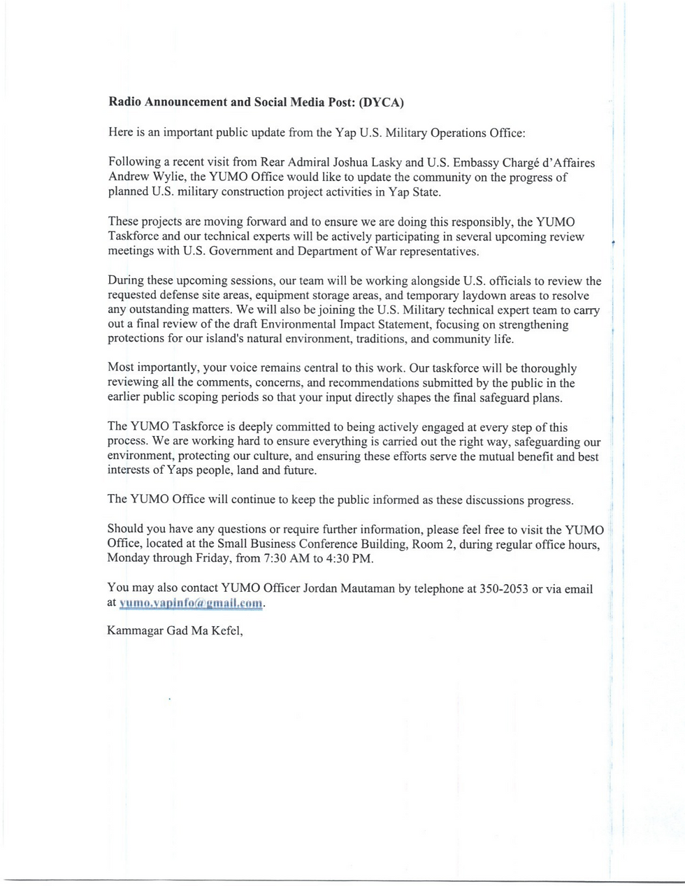 PUBLIC NOTICE: YAP U.S. MILITARY OPERATIONS OFFICE