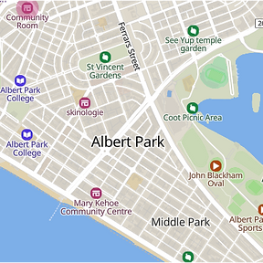 Map of Albert Park, Melbourne, highlighting our heritage-sensitive and highly efficient home builds.