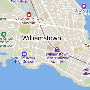 Map of Williamstown, Melbourne, highlighting our energy-efficient and coastal custom home builds.