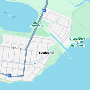 Map of Seaholme, Melbourne, highlighting our service area for energy-efficient, architecturally designed coastal homes.