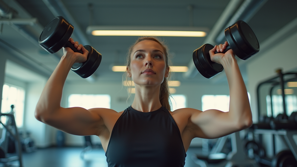 Eye-level view of a woman performing a shoulder press with dumbbells in a bright gym