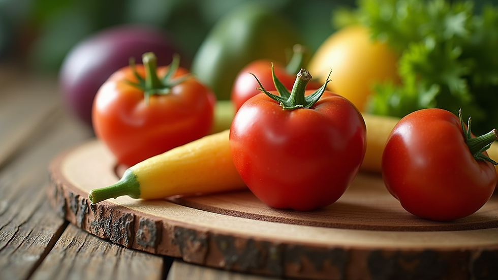 Close-up view of fresh fruits and vegetables on a wooden table