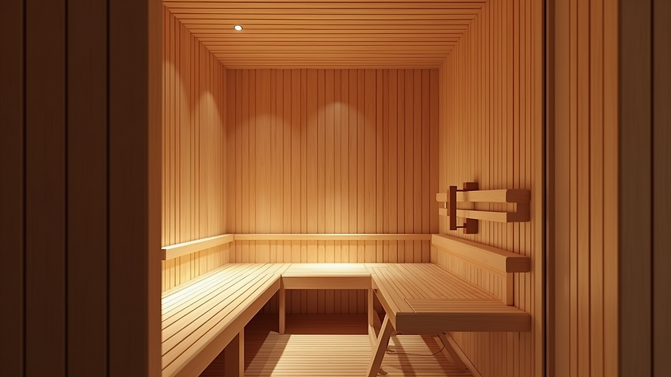 High angle view of a modern infrared sauna cabin with wooden interior