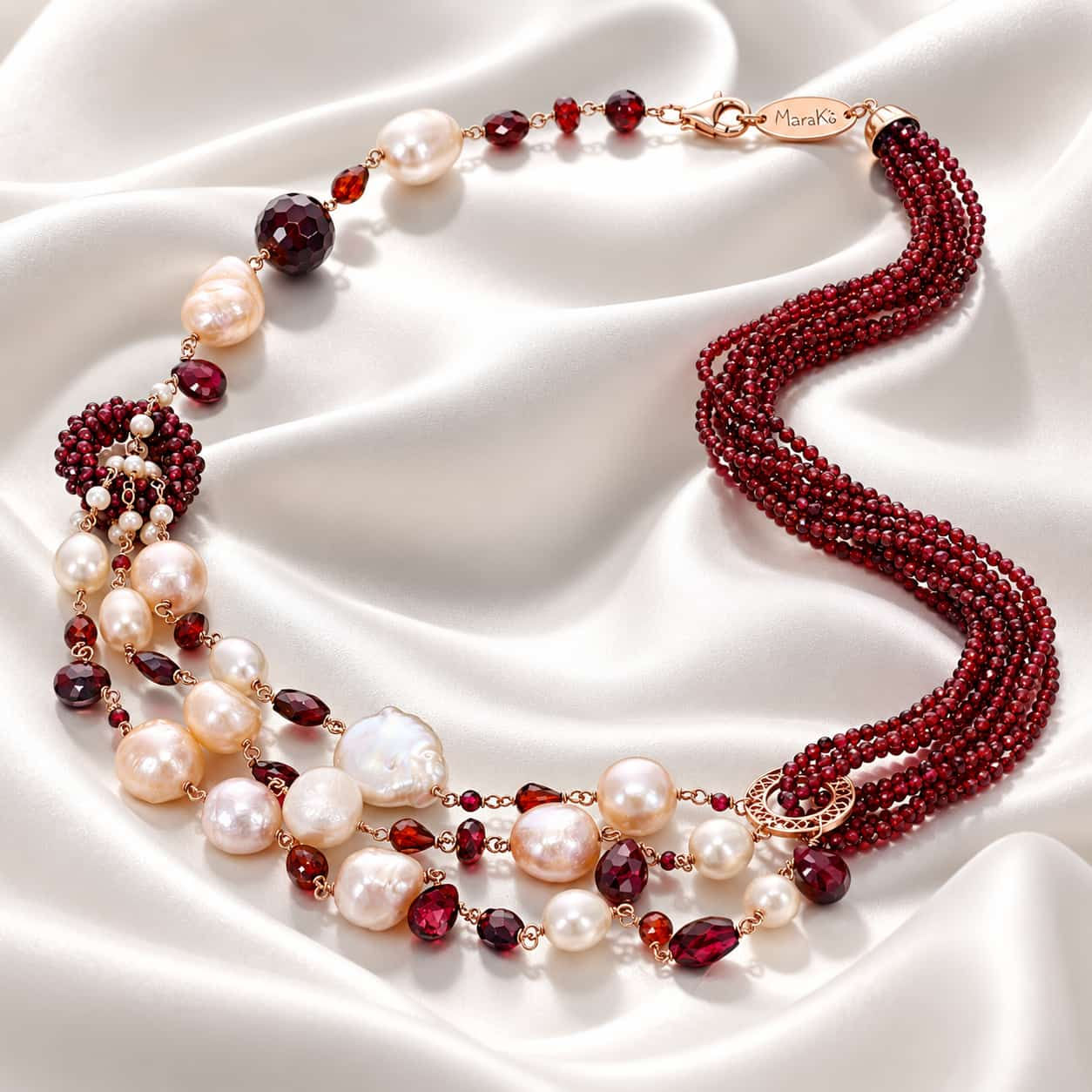 Collana Marakò in granato e perle coltivate in argento placcato oro rosa