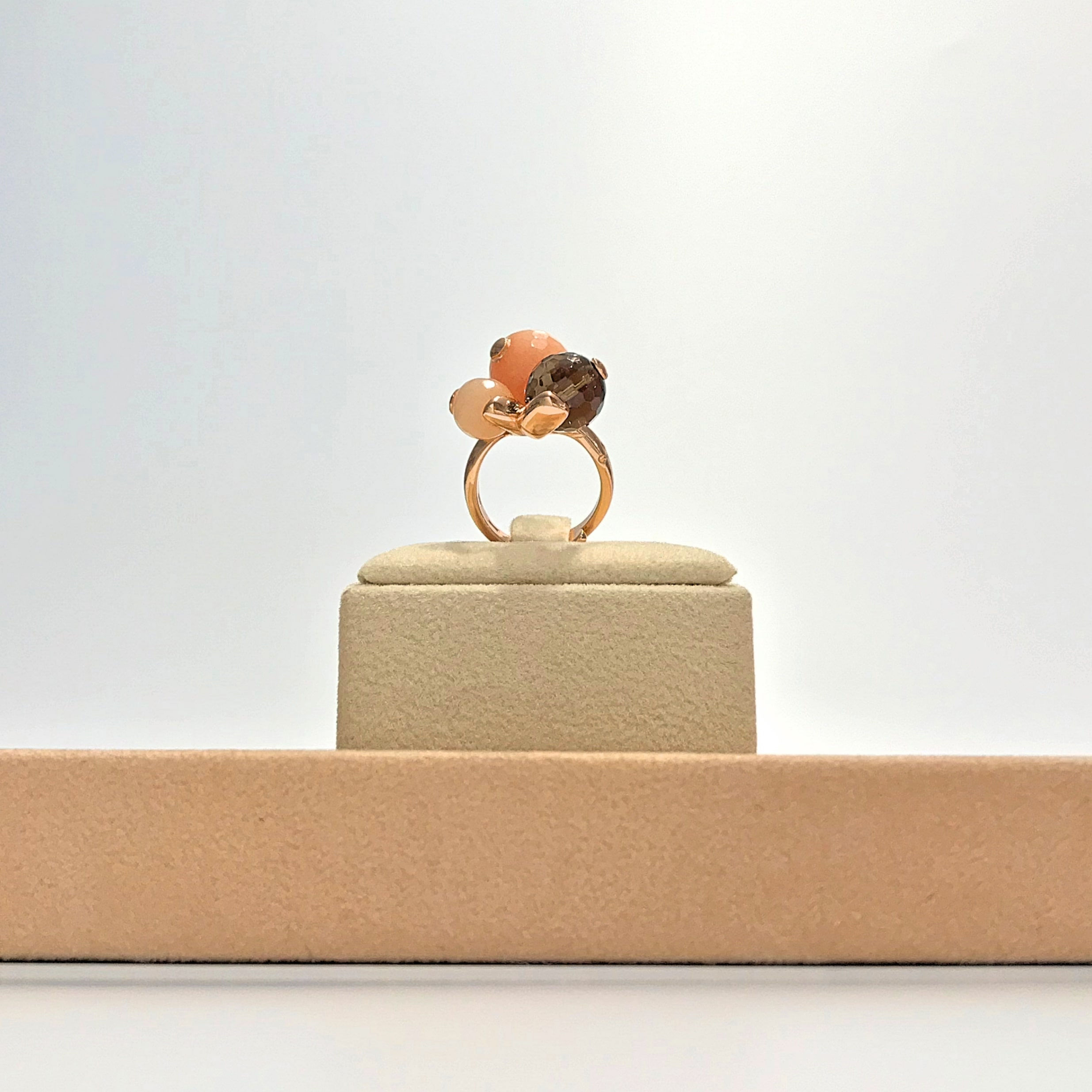 Anello giada salmone e quarzo fumé - Modello 3 Sfere