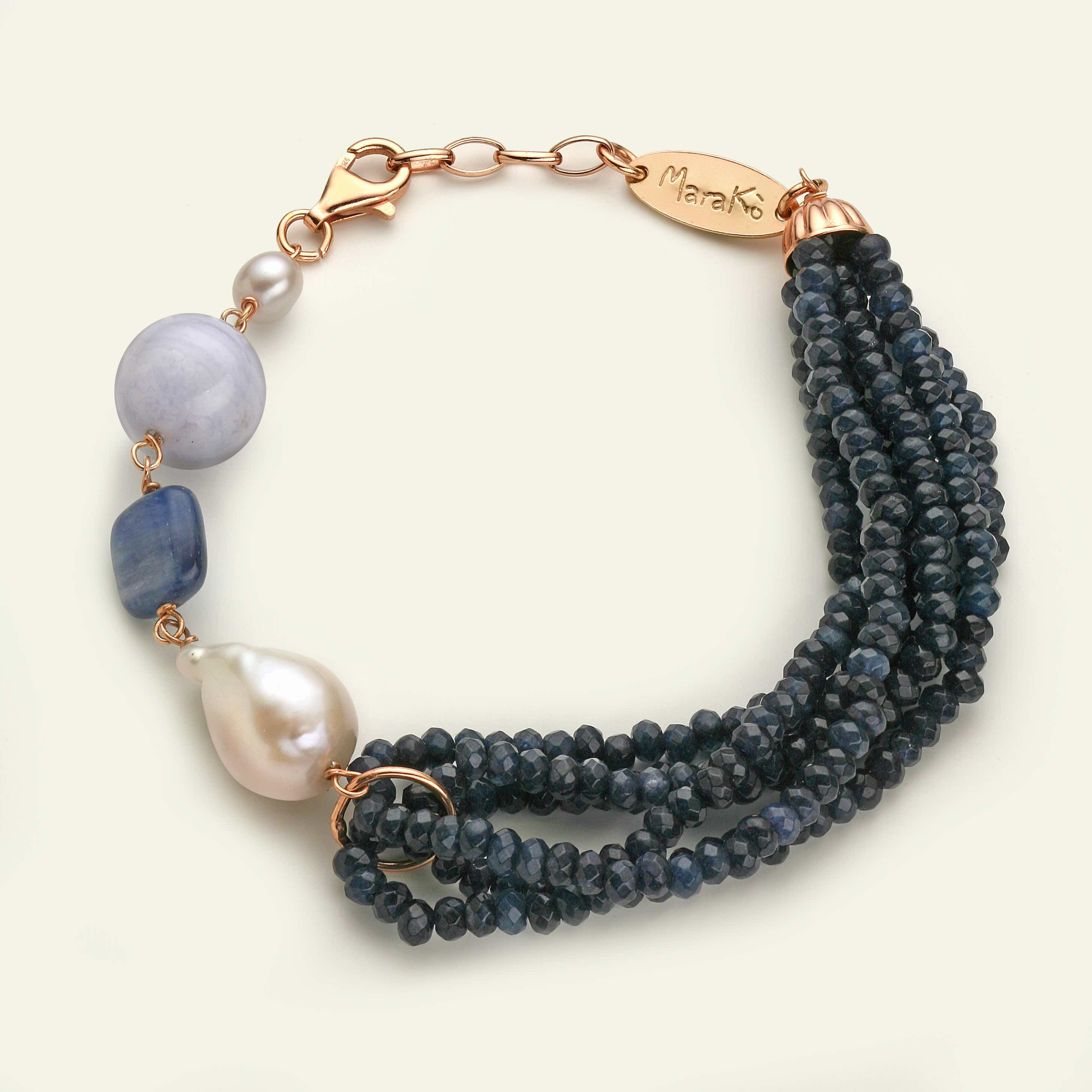 Bracciale agata blu zaffiro, calcedonio, cianite e perle