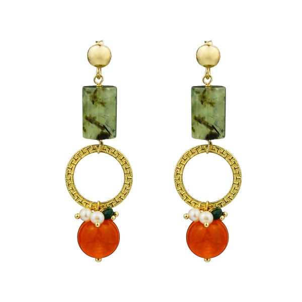 Miniatura: orecchini agata arancione, quarzo rutilato verde, perle coltivate