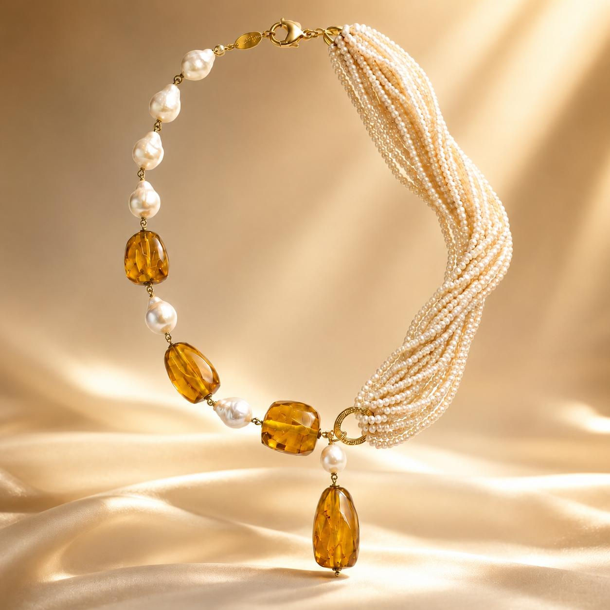 Collana asimmetrica in ambra messicana, perle barocche e microperle Marakó