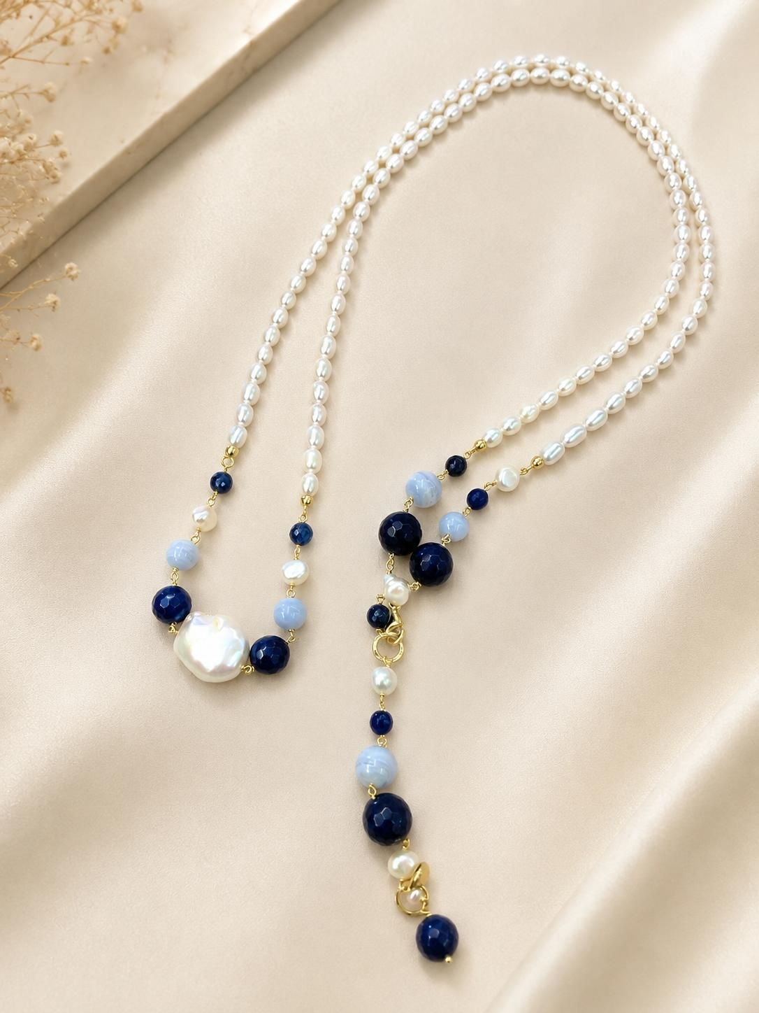 Decisa Long Necklace – Cultured Pearls & Sapphire Blue Agate