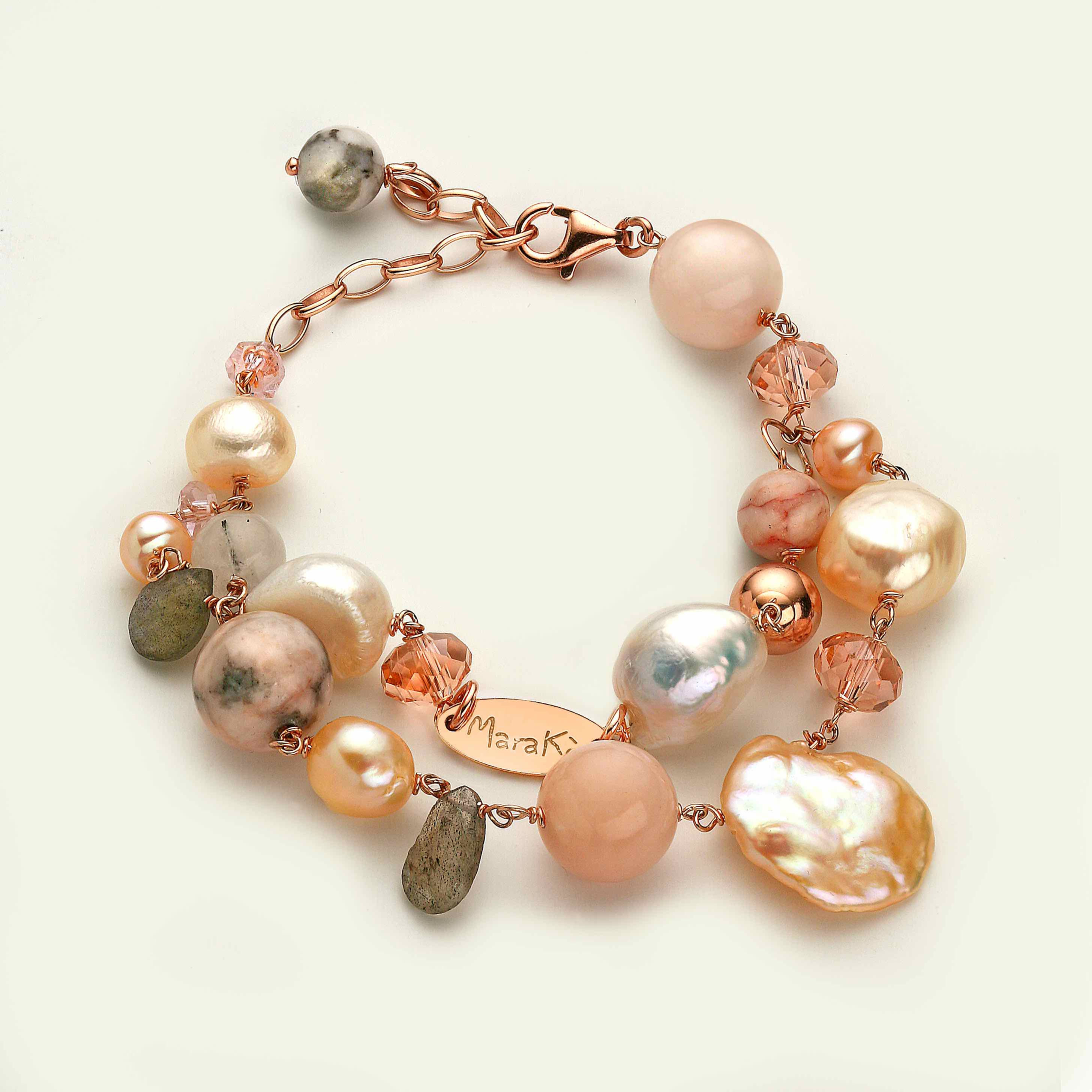 Bracciale a due fili - diaspro, opale rosa, labradorite e perle coltivate