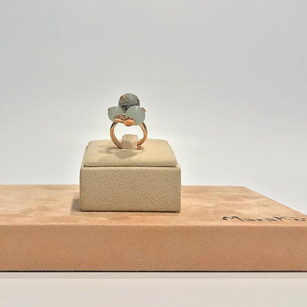 Miniatura: Anello giada celeste e quarzo rutilato grigio - Modello 3 Sfere