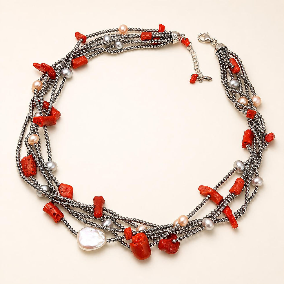 Collana torchon multifilo Marakò con ematite sfaccettata, corallo naturale rosso e perle vere.
