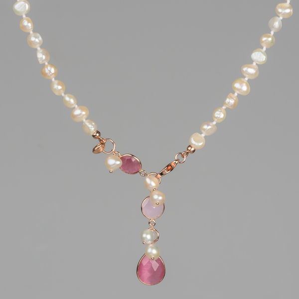Choker in perle coltivate  e quarzi idrotermali rosa-36-42 cm. Anche bracciale