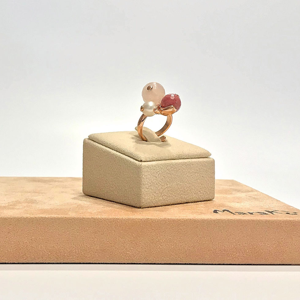 Miniatura: Anello perla coltivata, rodonite e quarzo rosa - Modello 3 Sfere