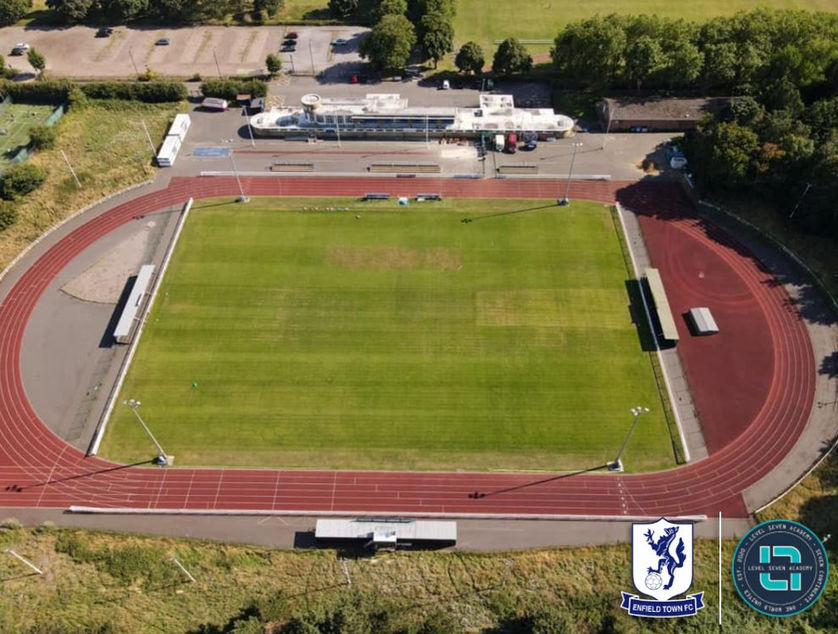 Aerial view of Enfield Town FC. Pre stand extension, pernission approved for new stand by Matthew Montague Architects. 