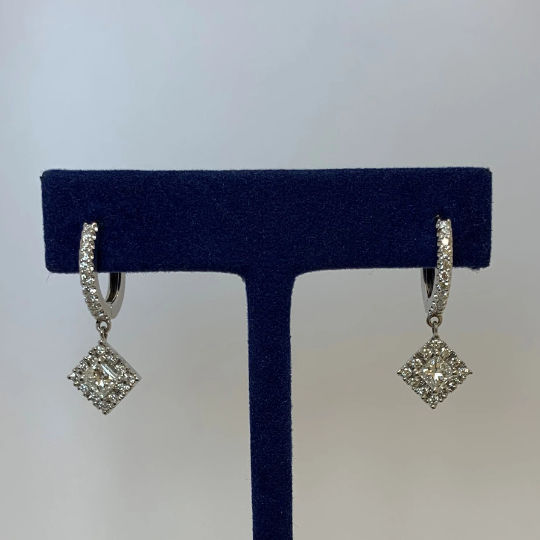 14K Diamond Princess Halo Drop Gold Earrings