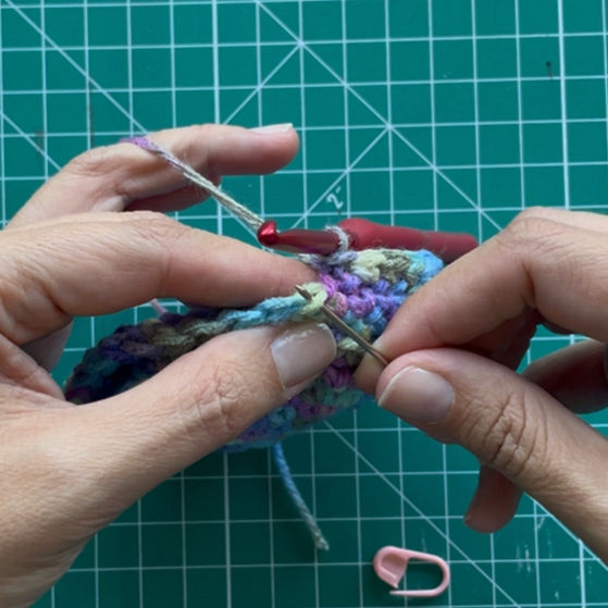 Photo 11 - I'm demonstrating with my darning needle how to find the 'front loop' of a stitch for the FLO