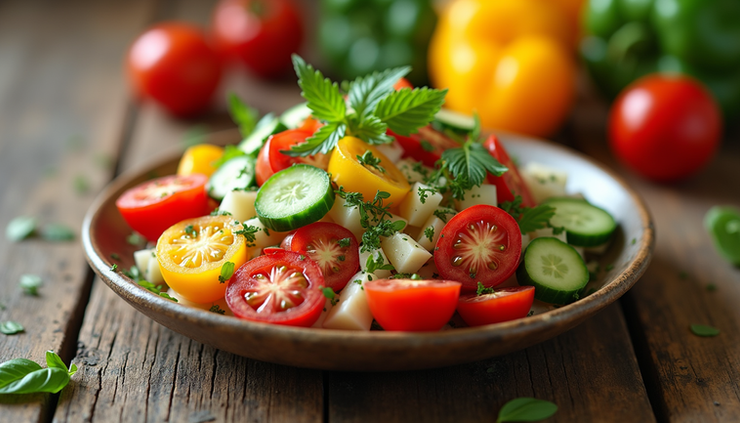 Close-up view of a colorful summer vegetable salad with tomatoes, cucumbers, and bell peppers