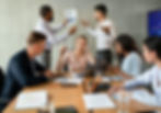Workplace Conflicts. Stressed Group of Businesspeople Having Disagreements During Corporate Meeting, Brainstorming Together In Boardroom, Two Male Coworkers Emotionally Discussing Financial Report