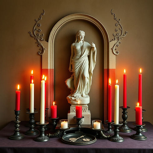 elaborate spell altar with candles and a Greco-Roman statue.jpg