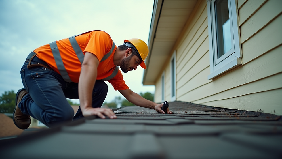 Eye-level view of a home inspector examining a roof in Houston